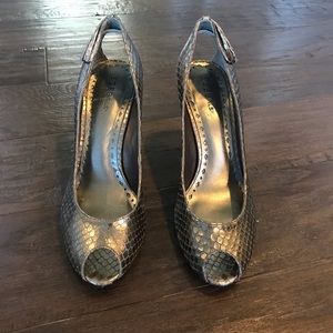 BCBGirls Silver Snakeskin Leather Peep-toe Heels